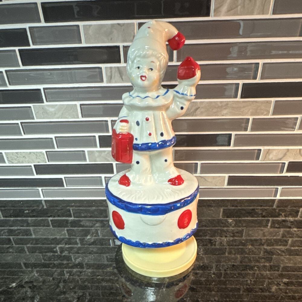 Hand-Painted Ceramic Clown Figurine, White Red Blue Polka Dot Glossy Working